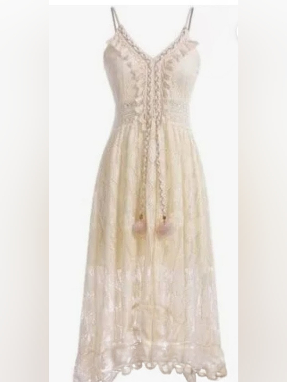 Boho White Lace Maxi Sundress with Pom Tie - Picture 2 of 5